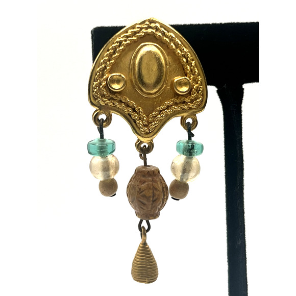 Vintage 80s Gold Plated Brutalist Style Glass & Wood Beaded Dangle Earrings FAB! - Picture 2 of 4
